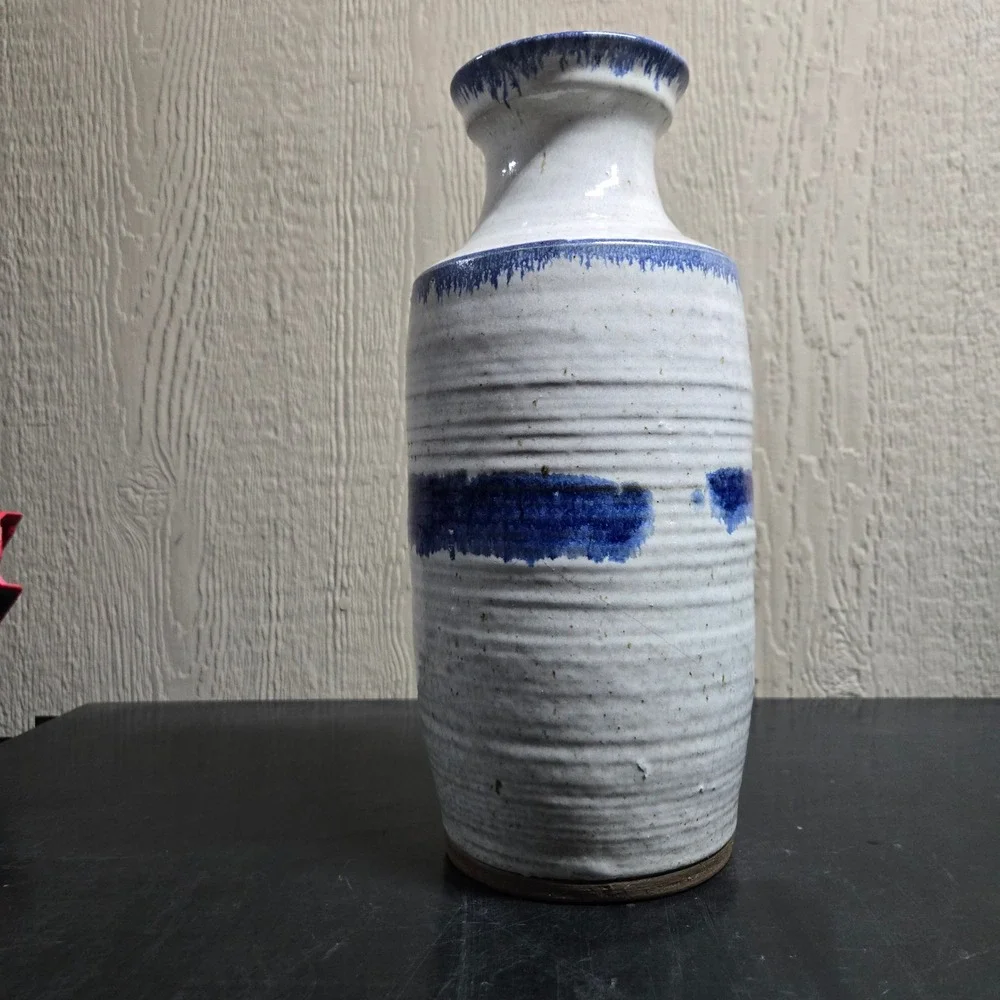 Studio Pottery Vase White Blue Ribbed Stoneware Handmade Decor 13